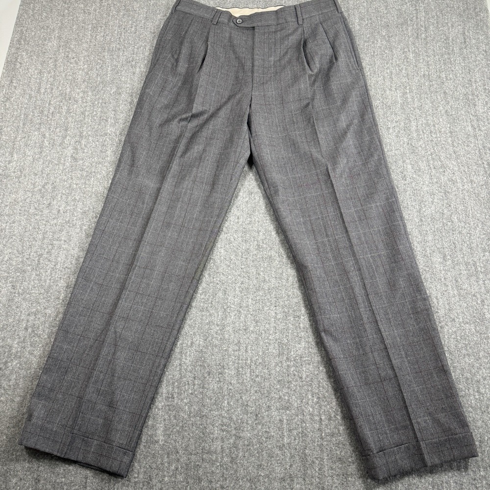 Brooks Brothers 346 Mens 35x32 Wool Dress Pants Gray Plaid Pleated Cuffed